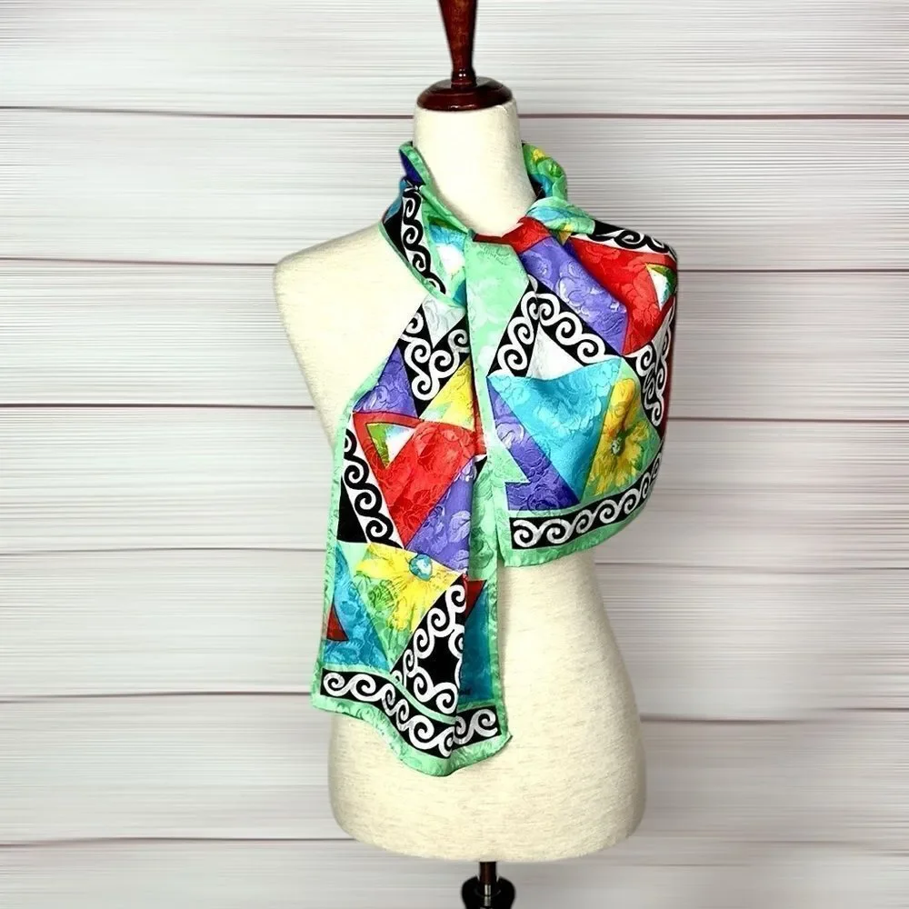 HONEY Silk Rectangle Scarf Colorful Geometric Pattern